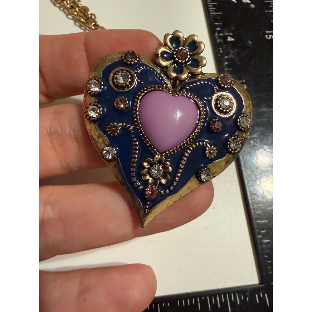 Gold Tone Blue Enamel Heart Pendant Necklace Rhinestone Flower Lavender Stone